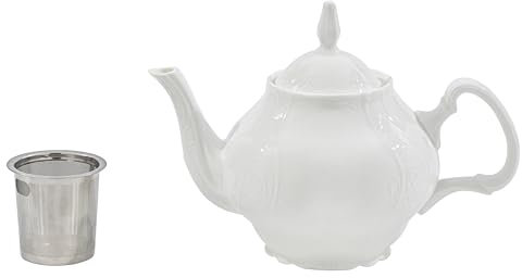 Pulchritudie Fine Porcelain White Teapot with Stainless Steel Infuser Filter, 34 Ounces