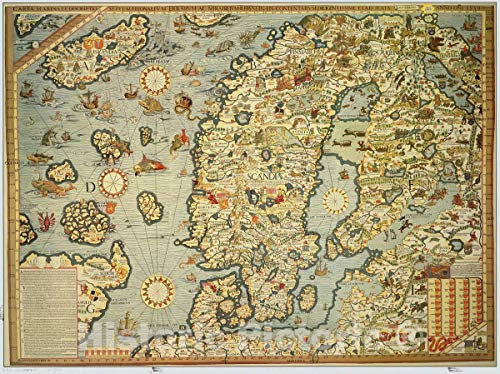 Historic Pictoric Karte: Skandinavien 1539 1989, Olaus Magnus' Carta Marina Skandinavien 1539, antike Vintage-Reproduktion: 76,2 x 61 cm