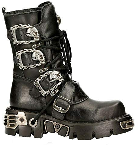 New Rock M.391-S18 Stivali Unisex Neri e Argentati Metallizzati Stile Motociclista Gotico Punk 38