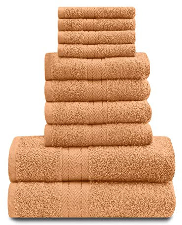 Lions Familien-Handtücher, 10-teiliges-Set, 100 % ägyptische Baumwolle, 4 x Gesicht, 4 x Hand, 2 x Badetuch, Premium Qualität, hoch wasserabsorbierendes Badzubehör, maschinenwaschbar, pfirsichfarben, 544739