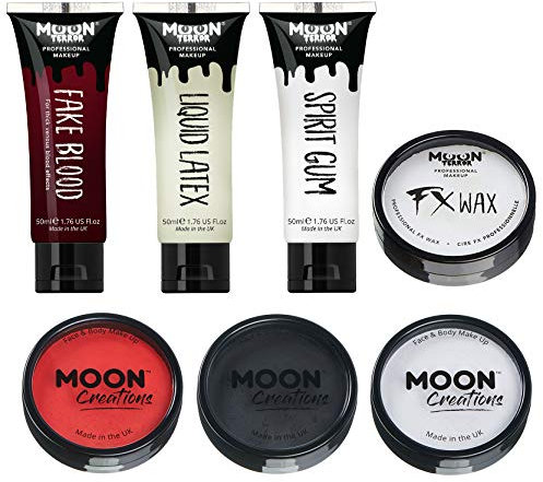Moon Terror Pro FX Halloween Kit de maquillaje profesional de efectos especiales 3 | Sangre falsa, látex líquido, cera para modelar, goma de mascar, pintura facial y corporal profesional