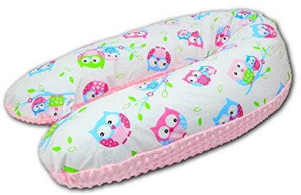 LOOLAY® 2 seitig Minky/Baumwolle Stillkissen XXL SUPER WEICH Lagerungskissen Seitenschläferkissen Ink.Bezug 170 cm (Eule weiß/Minky rosa)