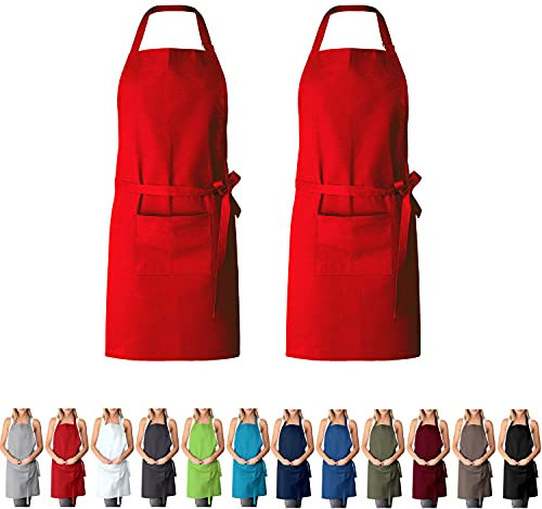 EllaTex DOPPELPACK Damen/Herren/Unisex Schürze Kochschürze Kellnerschürze Bistroschürze Küchenschürze Grillschürze Latzschürze 100% Baumwolle, Farbe: 2er PACK Rot