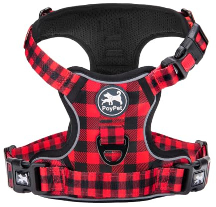 PoyPet Keine Pull Hundegeschirr Front Reflektierende Pet Weste für Hunde mit Einfache Kontrolle Griff und Rückseite perfekt für den täglichen Training, Walken, Running(Kariertes Rot ,XS)