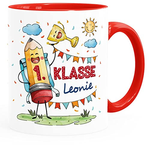SpecialMe® Tasse Schulkind Geschenk Einschulung personalisiert Name Stift Schulranzen Kindertasse für Jungen Mädchen weiss-innen-rot standard