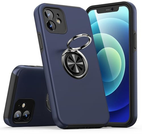 KRAFTCARE Case Compatible for iPhone 12 with Kickstand Ring and Screen Protector, Shockproof and Anti Scratch Magnetic Built-in Ring Stand Case Compatible for iPhone 12 - Blue