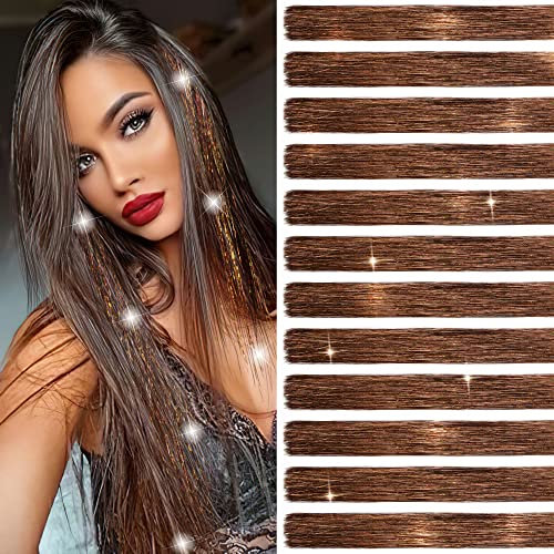 SEGO Haarverlängerungen Glitzer Haarsträhnen Bunte Haar Lametta Glitzersträhnen für Haare Farbige Haarteil 12 Stücke 120cm (1 Häkelnadel+ 50 Microringen) Braun