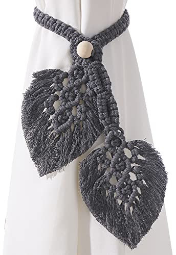 2 Stück Boho-Vorhang-Raffhalter, handgestrickt, Baumwolle, Vorhanghalter mit verstellbaren, natürlichen Holzperlen, doppelte Blätter, Bauernhaus-Thema, für drinnen und draußen, dekorativ (grau)