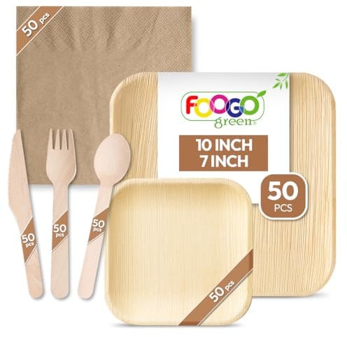 FOOGO Green 300pcs Disposable Palm Leaf Plates Wooden Cutlery Set and Brown Napkins, FSC® Certified, 50x Large Square, 50x Small Side Plates, 50x Forks, 50x Knives, 50x Spoons, 50xBrown Napkins
