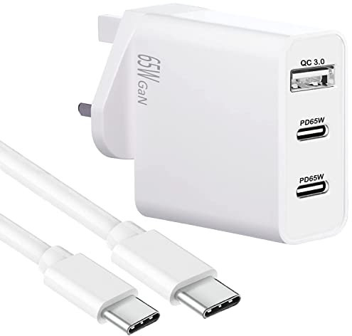 65W USB C 3-Port Fast GaN Charger for Honor 90 / Honor 90 Lite, Wall Power Adapter with Dual USB C and USB A Charging Ports + USB C to C Data Cable for Honor 90 / Honor 90 Lite (WHITE)