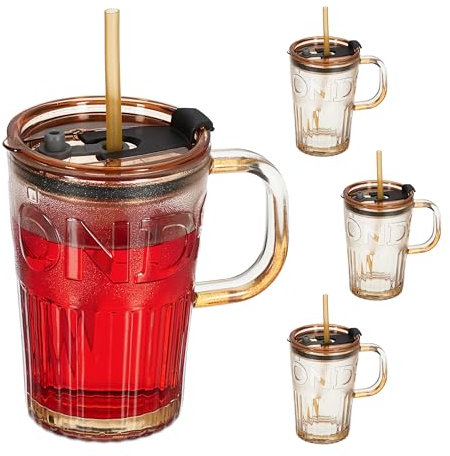 Relaxdays Juego Set de 4 Vasos, Jarras para Beber con Tapa y Pajita, Jarritas Batidos 450 ml, Vasitos con Asa, Marrón Claro, Silicona