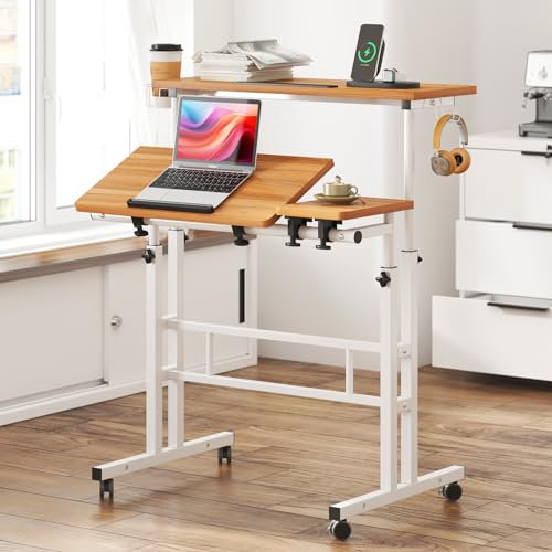 soges Rollender Stehpult, höhenverstellbar, Homeoffice-Schreibtisch, mobiler Sitz-Steh-Laptop-Schreibtisch mit Getränkehalter und Haken, tragbarer Schreibtisch mit Rollen, Eiche