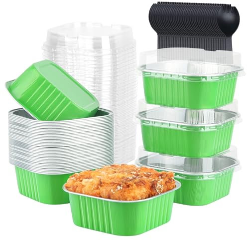 LNYZQUS 10oz Mini Cake Pans With Lids 40 Pack, Aluminum Foil Small Baking Tins,Disposable 4”x4” Large Cupcake Cups Containers,Jumbo Muffin Tin Ramekins Bread Holders-Green