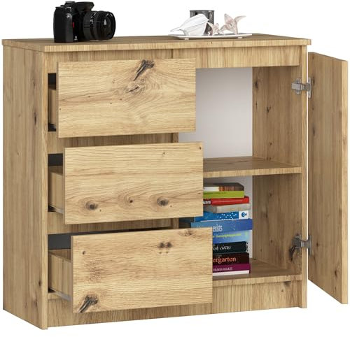 BDW - Kommode mit 3 Schubladen und 1 Tür - 80 cm breit, 77 cm hoch - Schrank, Sideboard, Mehrzweck-, Schuhschrank, Schubladenkommode, Aktenschrank - Wohn-, Schlafzimmer, Flur - Eiche Artisan