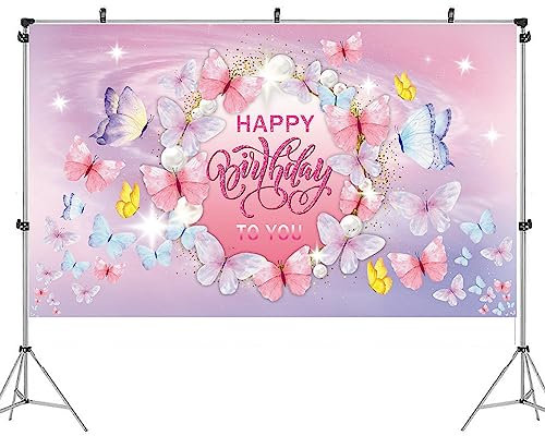 OFKAFEZV Schmetterling Happy Birthday Banner, Schmetterling Geburtstag Kulisse, Wesentliche Dekoration für Geburtstagsfeier, Schmetterling zum Geburtstagsfeier Deko für Jungen und Mädchen