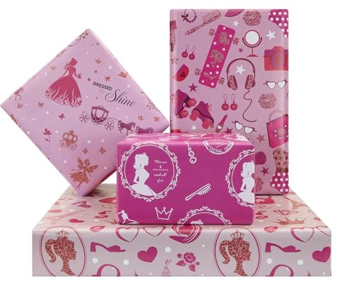 Geschenkpapier für Mädchen, Kinder, Baby, Geburtstagsgeschenkpapier mit schöner Prinzessin-Kürbiskutsche, High Heels, Lippenstift, Diamant, für Geburtstag, Babyparty, 4 Designs, flach gefaltet