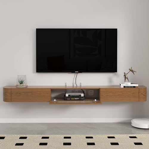 Pmnianhua Floating TV Stand, Solid Wood Wall Mounted TV Cabinet, Floating Shelves with Glass Door & Drawers, Mid-Century Entertainment Media Console Center Large Storage Under TV (160cm, Walnut)
