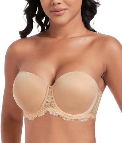 DotVol Damen Trägerloser BH Rückenfrei Ohne Träger Push Up Büstenhalter mit Geformte Cups(85C,Spitze Beige)