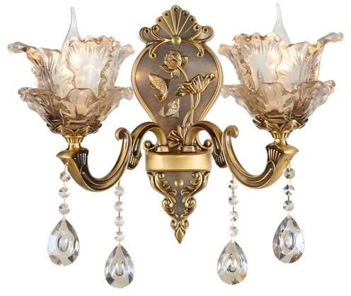 WayLuoung Lampe Murale Vintage Florale À 2 Tête En Verre De Cristal - Applique Murale Rétro Couleur Bronze Doré - Décoration En Métal Lampe De Chevet Salon Restaurant Escaliers (Base E14 Sans Ampoule)
