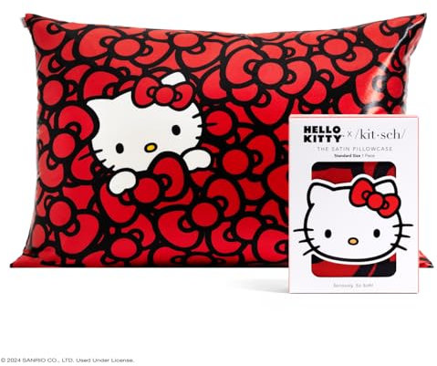 Kitsch Kissenbezug aus Satin mit Hello Kitty-Motiv, Reißverschluss für Haar und Haut, weicher als Seide, maschinenwaschbar, knitterfrei, glatt, Queensize-Größe, Kitty badet in einem Meer von Schleifen