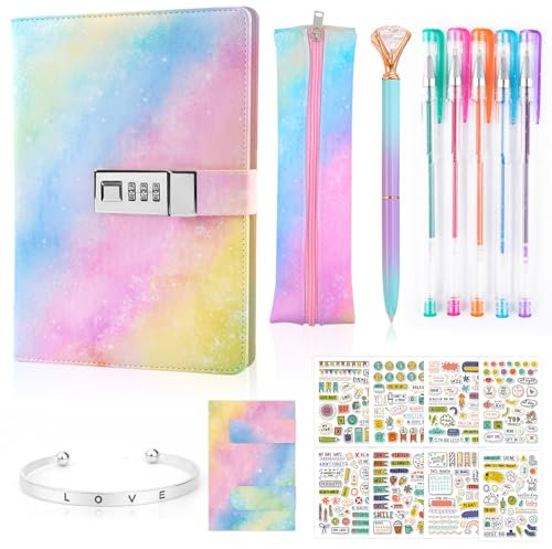 Tagebuch mit Schloss Geschenke für Mädchen 6 7 8 9 10 11 12 13 Jahre, Einschulung Geschenke für Mädchen Teenager alter 6-15 Notizbuch Mädchen Tagebuch mit Code Mäppchen Armband Reisetagebuch