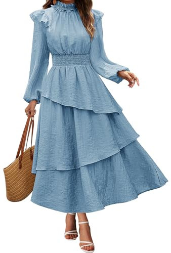 GRACE KARIN Holiday Dresses for Women Elegant Ladies Summer Dresses Puff Sleeve Dresses Maxi Dress XL Grey Blue-4
