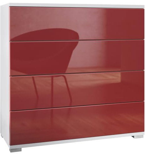 Vladon Kommode Pavos V3, Sideboard mit 4 Schubladen Weiß matt/Bordeaux Hochglanz (76 x 76 x 35 cm)