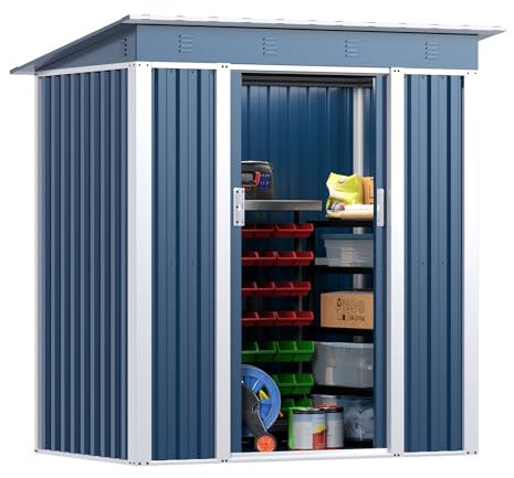 SUPEER Metall Gerätehaus 3 m² mit Schrägdach,H185cm*L162cm*W120cm Geräteschuppen Garten Schuppen Gartenhaus（Blau）
