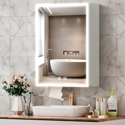 Tianqinuk Bathroom Mirror Cabinets Wall Mounted - Dimmable Mirror Cabinet with LED Lights - Bathroom Cabinets with Anti Fog Memory Function - Adjustable Shelves, Touch Sensor, Concealed Storage