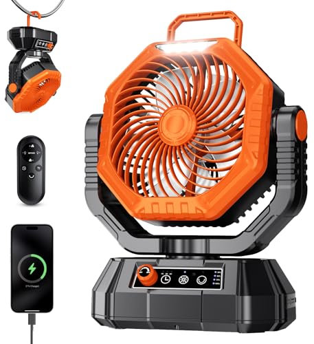 AJVV Camping Fan, 20000mAh Rechargeable Battery Fan with Stepless Wind Speed, Rechargeable Personal Desk USB with Hanging Hook/Light/Power Bank, for Home Outdoor Travel Fishing - Orange