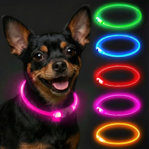 Light Up Dog Collar Rechargeable, LED Dog Collar Lights Waterproof with 3 Flash Glowing Modes for Outdoor Night Walking Safe, Cut to Adjust for Small Medium Large Breed, 70cm, Pink