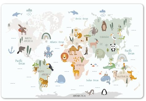 KitchenYeah© Platzsets Abwaschbare Placemats Set 6 Tischsets Platzdeckchen | 45x30 cm - Platzset Tischset Esstisch Telleruntersetzer Waschbar Weltkarte - Tiere - Kinder - Pastell