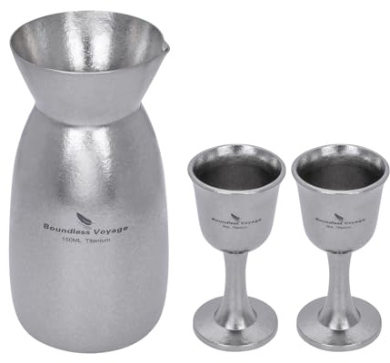 iBasingo 3-teiliges Japanisches Sake Set 150ml Titan Sake-Karaffe mit 2 Tassen, Tragbar für Sake, Soju, Wein, Tee, Leicht & Langlebig für Reisen, Camping, Outdoor Einsatz Ti3266D