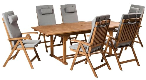 Beliani 6 Seater Garden Dining Set Acacia Wood Foldable Chairs Grey Melange Cushions Java Premium