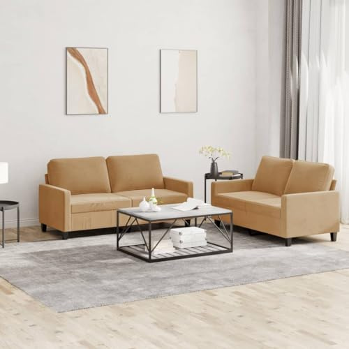 Qnhdfrt Braun Samt Sofagarnitur Set mit Kissen, 2-TLG. 2-Sitzer Sofa und Couch Kombination für Wohnzimmer Balkon Jugendzimmer, Weicher Stoff und Robustes Metall Gestell