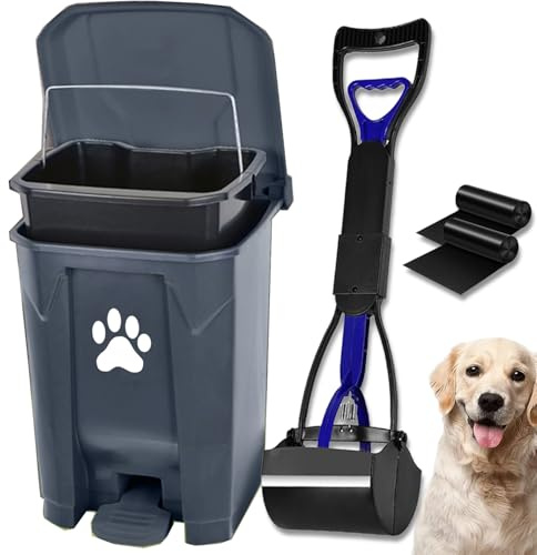 rzrzrz Dog Poop Trash Can Dog Pooper Scooper Dog Waste Station Dog Poop Trash Can Pet Waste Bin Dog Waste Container with Lid Foot Pedal Inner Bin Bucket Garbage Bags for Outdoor Backyard Garden,grey