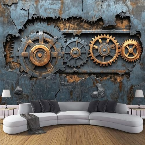 Vlies Fototapete Metallwand Mit Zahnrad-Logo 3D Effekt 300×210cm(W×H) Foto Tapete Schlafzimmer Wohnzimmer Moderne Vliestapete XXL Wandtapete Motivtapeten 3d Steampunk Industrial Dekoration Grau