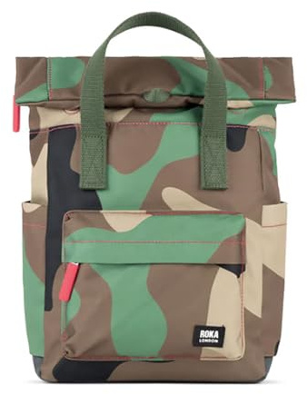 ROKA London Canfield Small Canvas Roll Top Backpack (Vintage Camo) | Roll top backpack with weather-resistant recycled canvas, wide zip opening, tablet storage and adjustable straps