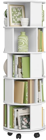 Hzuaneri Drehbares Bücherregal 5 Ebenen mit Rollen, 45 x 45 x 161,5 cm Weiß | 360° Drehregal, Standregal, modernes dekoratives Regal, für Wohnzimmer Arbeitszimmer Büro, BC54003X