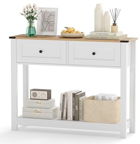 SOARS Table Console Blanche 106 x 30 x 81,5 cm, Console Meuble avec 2 Tiroirs et Étagère de Rangement, Table d'Entrée en Bois Moderne pour Salon, Couloir, Entrée, Chambre, Max. 91 kg