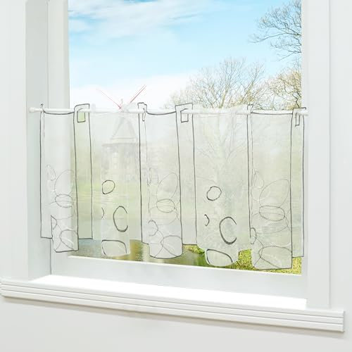 HongYa Scheibengardine transparenter Voile bestickte Bistrogardine Kaffee Vorhang H/B 45/128 cm Grau