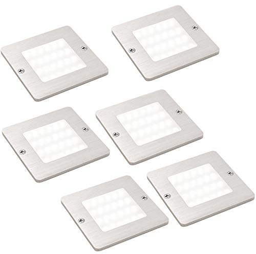 6 Pack | 5W LED Square Under Cabinet Kitchen Spotlights & Driver Kit | Aluminium & Natural White | Low Profile Slim Surface Mounted Lighting Fittings | Counter Worktop Unit Down Lights | Loops