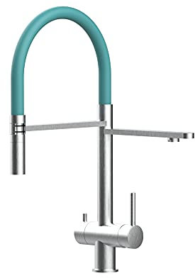 3 wege Massiv REINSTARMATUREN EDELSTAHL AISI 316 Küchenmischer für alle gaengigen Filtersysteme geeignet, mit 2strahl Handbrause und separatem Filterwasser Kanal - gebürstetes Finish (Türkis Tiffany)
