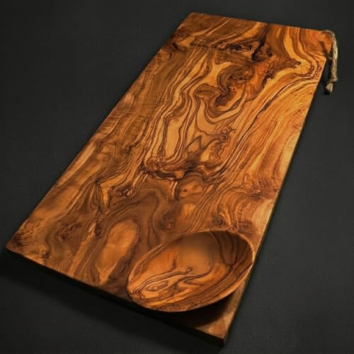 What the Art!® Olive Wood «Karo» L | Tagliere in legno d'ulivo + ciotola per salse + regalo | 35 x 16 x 2 cm