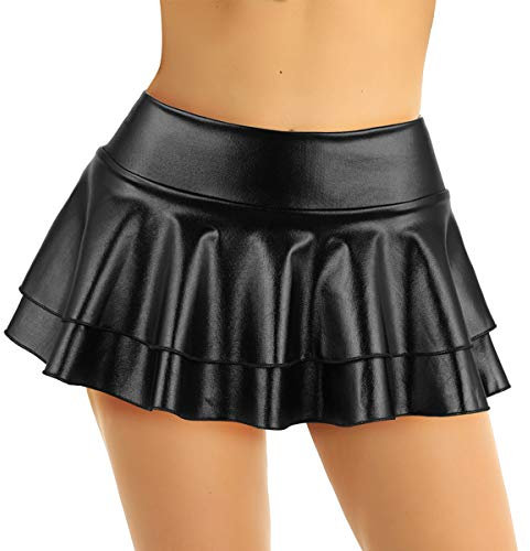 iEFiEL Damen Wetlook Rock Kurze Minirock Shiny Metallic Plisseerock Mini Skater Rock Low Rise Röcke mit 2 Lagen Tutu Party Karneval faschingskostüm Schwarz M