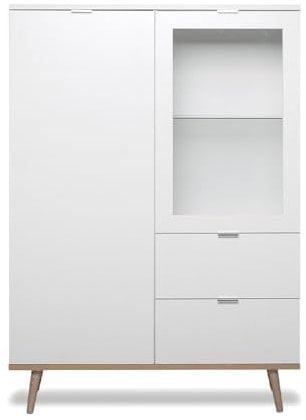 FINORI Highboard Vitrine Göteborg in matt weiß und Sonoma Eiche - Vitrinenschrank mit Massivholz 100 x 140 cm