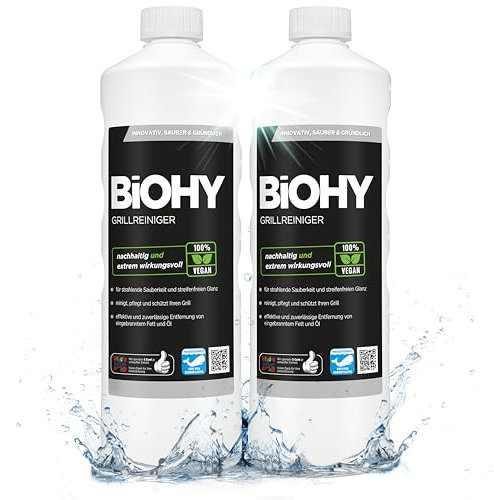 BiOHY Grillreiniger (2 x 1 liter) | Reiniger für Holzkohle-, Gas- und Elektrogrill | Hocheffektiv gegen angebranntes Fett und Öl | Pflegt und schont das Material | Veganes Bio Konzentrat