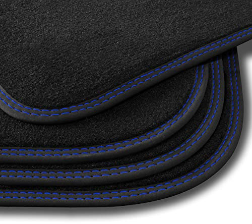 Bär-AfC Auto Fußmatten Premium passend für VW Passat 3G / B8 ab 2014, Autoteppiche Velours Schwarz, Nubuk Band Schwarz, Doppelnaht Blau + Blau, Set 4-teilig, VW09925