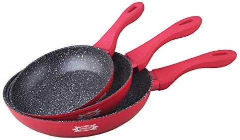 HAUSSMANN heritage Set de 3 poêles 20/24/28cm Revêtement type pierre, Tous feux dont induction- sans PFOA (Rouge)