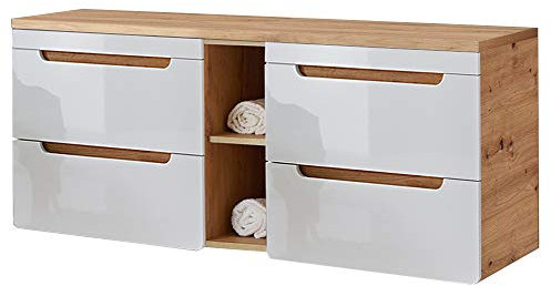 Lomadox Badmöbel Waschtisch-Unterschrank Set, Hochglanz weiß, Wotan Eiche Nb., 4 Softclose-Auszüge, 1 Regal, B/H/T ca. 141/61,5/46 cm